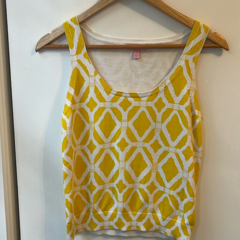 Lily Pulitzer size small yellow white bamboo trellis print sweater vest tank